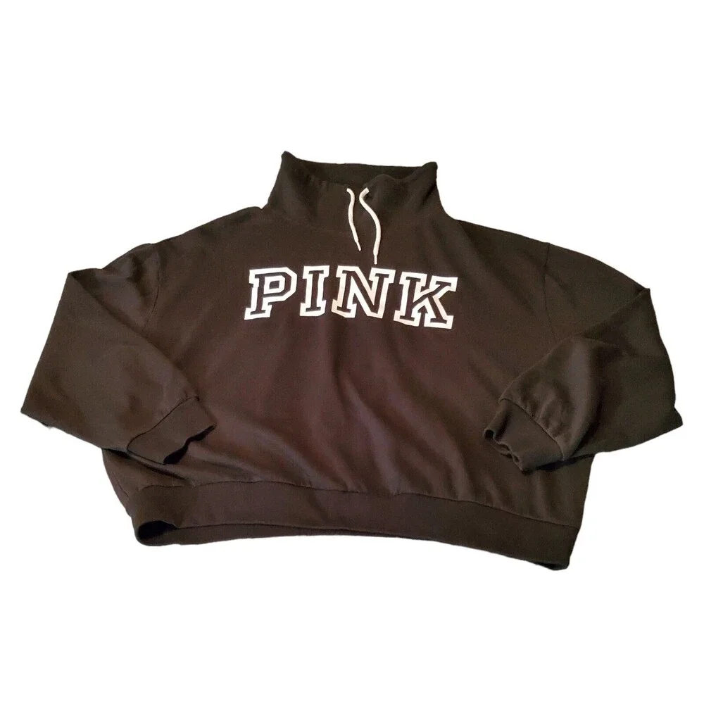 Victoria's Secret PINK Womens L Black Cowl Neck Logo Pullover Sweatshirt Funnel